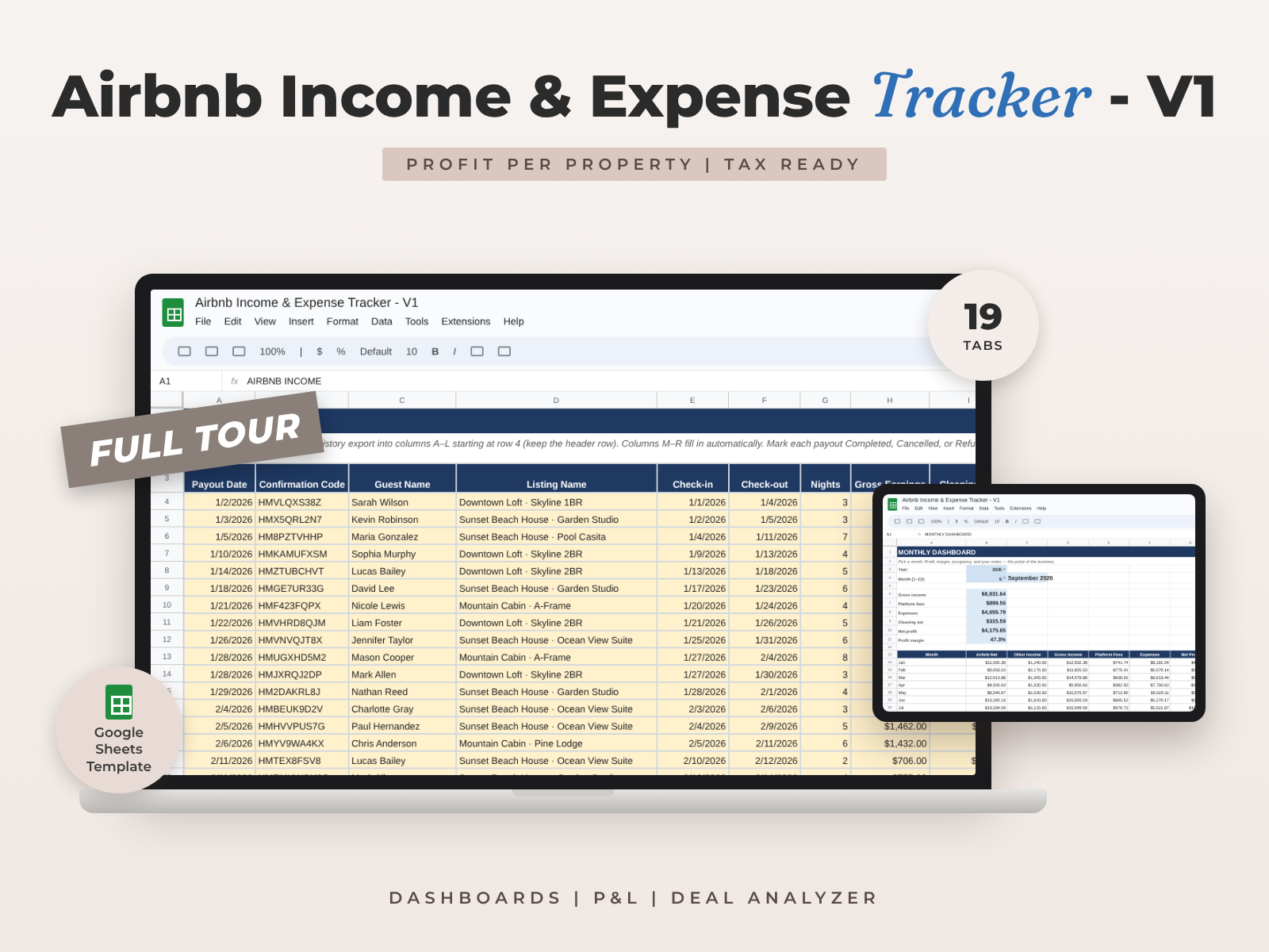 Airbnb Income & Expense Tracker for Google Sheets — Host P&L, Tax Center & Deal Analyzer preview