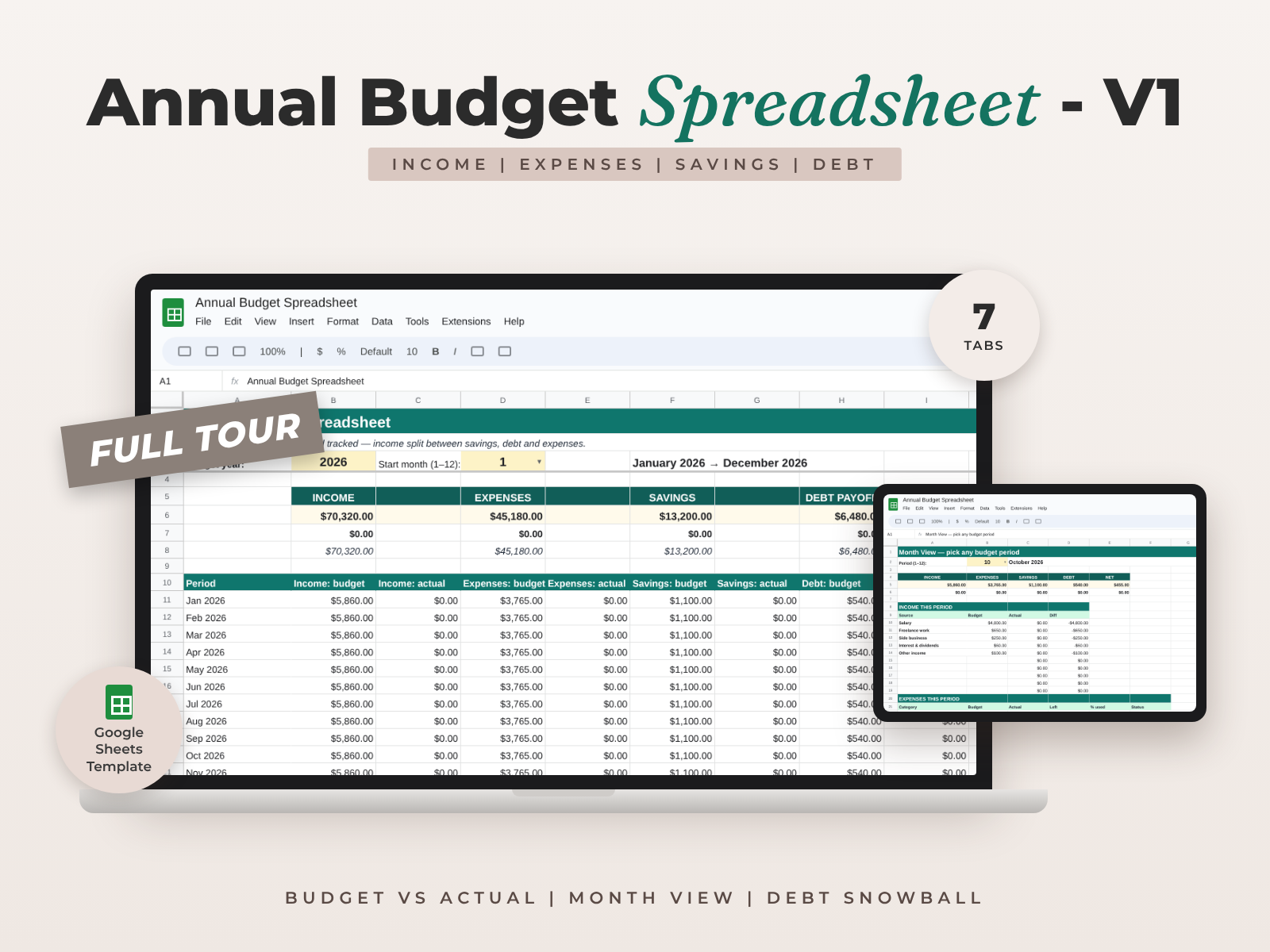 Annual Budget Spreadsheet for Google Sheets — Income, Savings, Debt & Expenses Planner preview