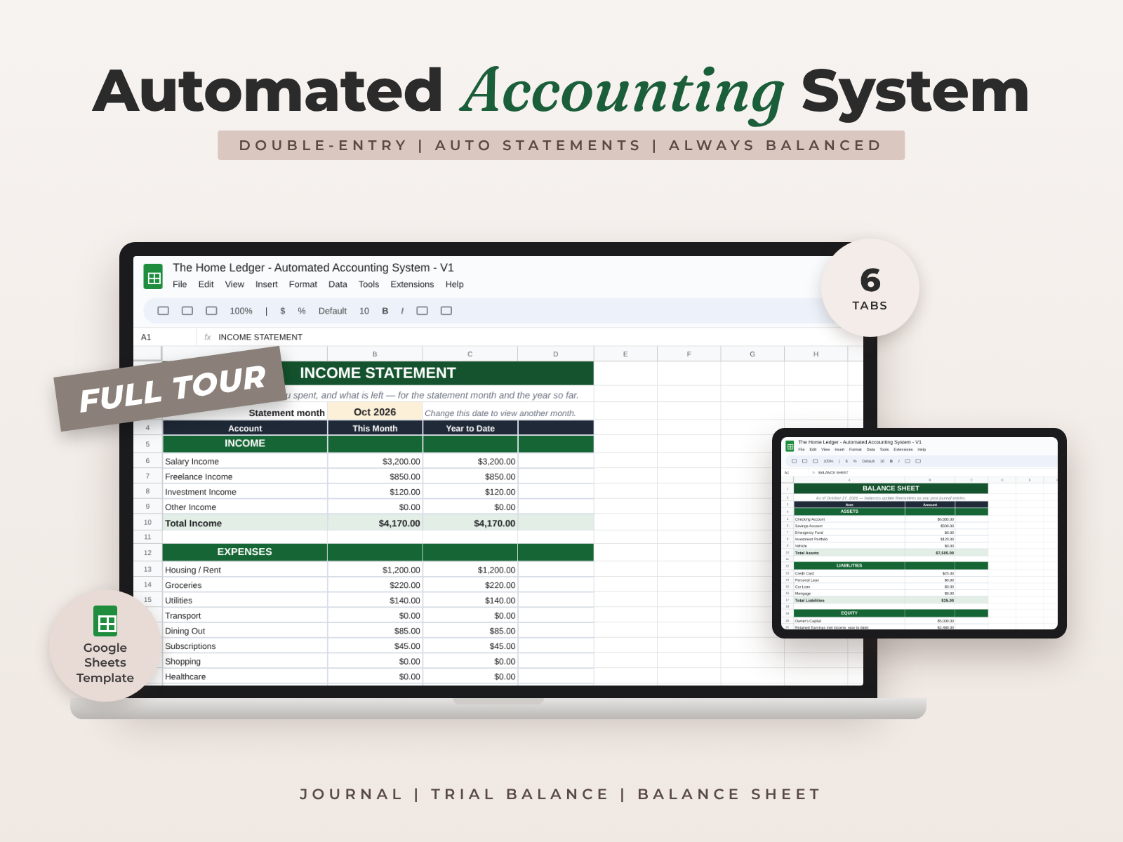 Automated Accounting System for Google Sheets — Real Double-Entry Bookkeeping with Income Statement & Balance Sheet preview