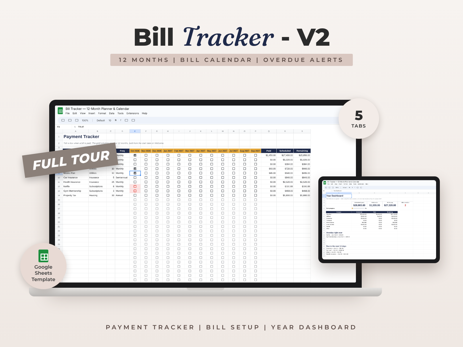 Bill Tracker & Calendar — Google Sheets template