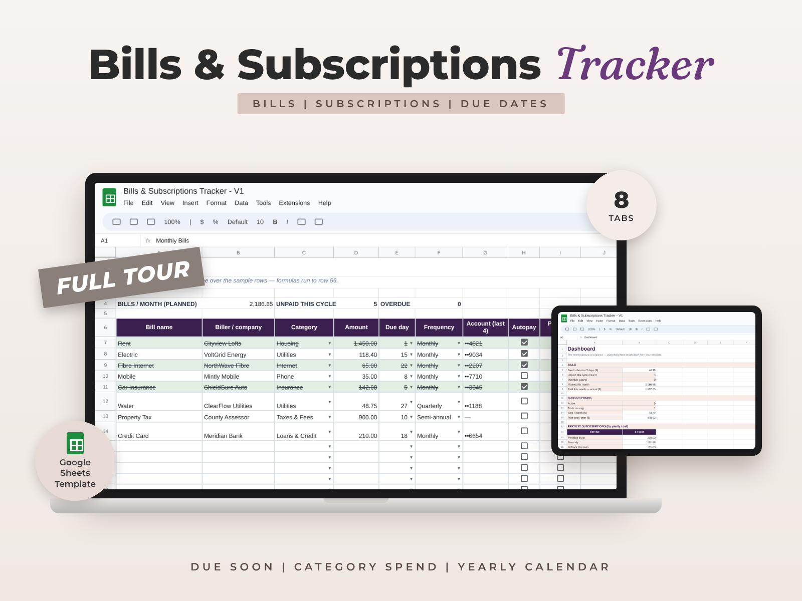 Bills & Subscriptions Tracker for Google Sheets — Due Dates, Payments & Dashboard preview