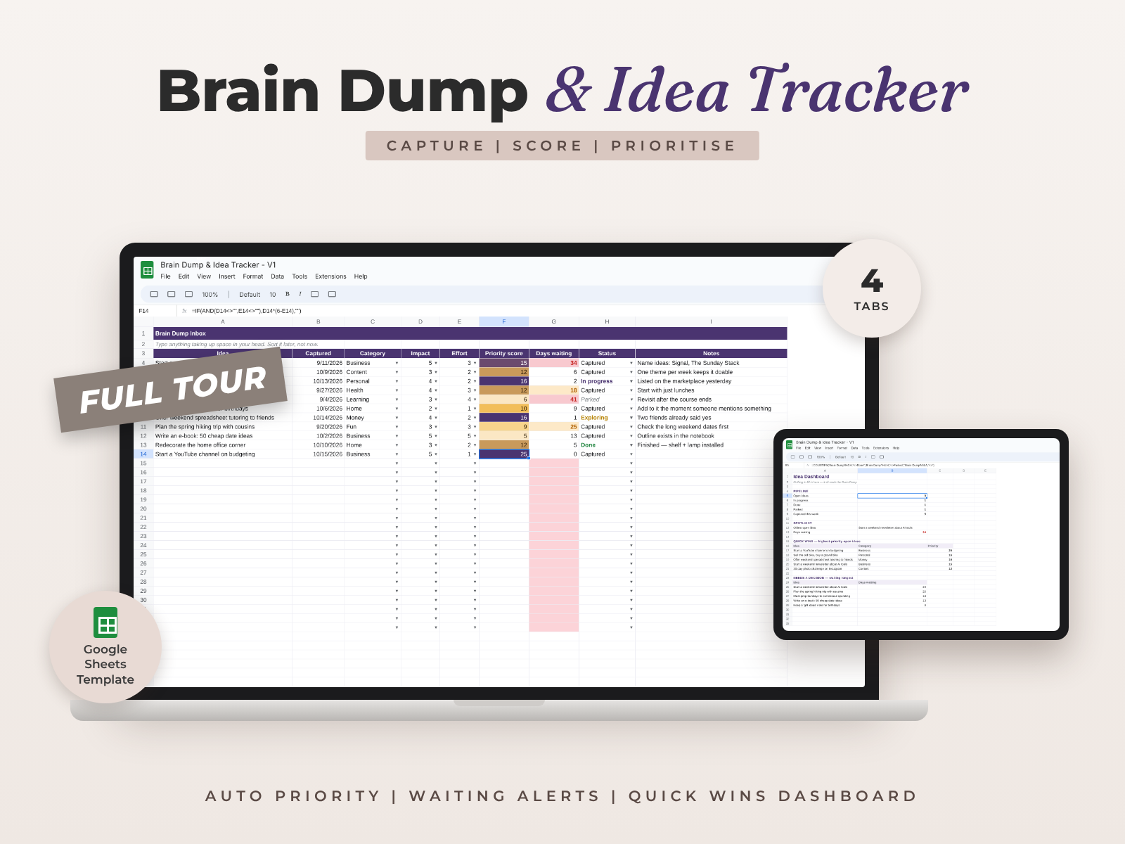 Brain Dump & Idea Tracker — Google Sheets template
