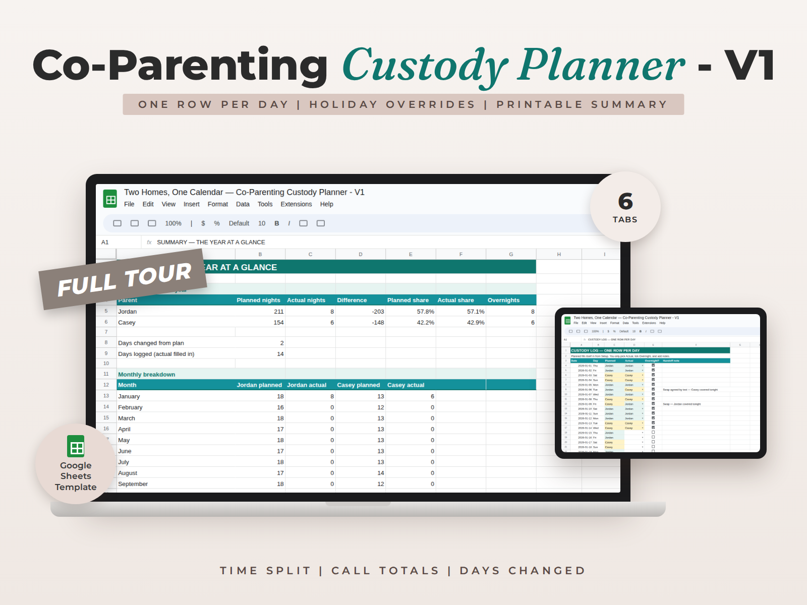 Co-Parenting Custody Planner for Google Sheets — Two Homes, One Calendar: Custody Schedule, Overnight & Call Tracking preview