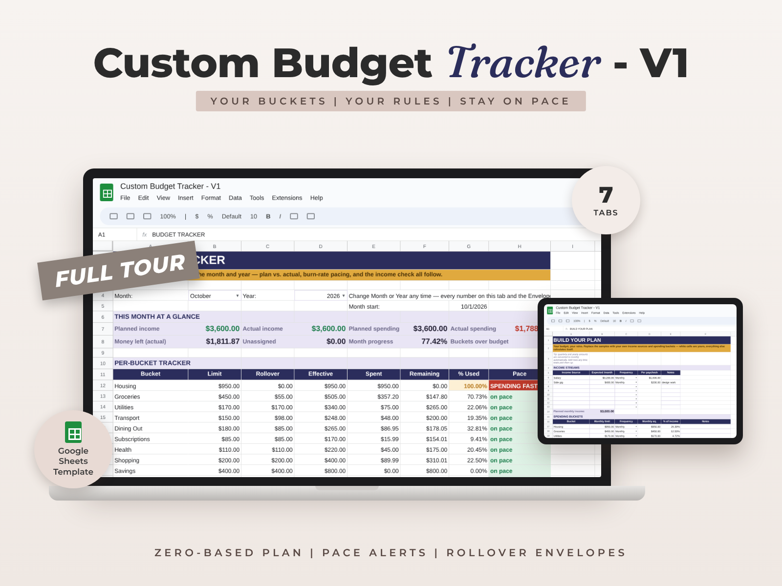 Custom Budget Tracker for Google Sheets — Plan Your Buckets, Watch Every Dollar, Roll Over What's Left preview
