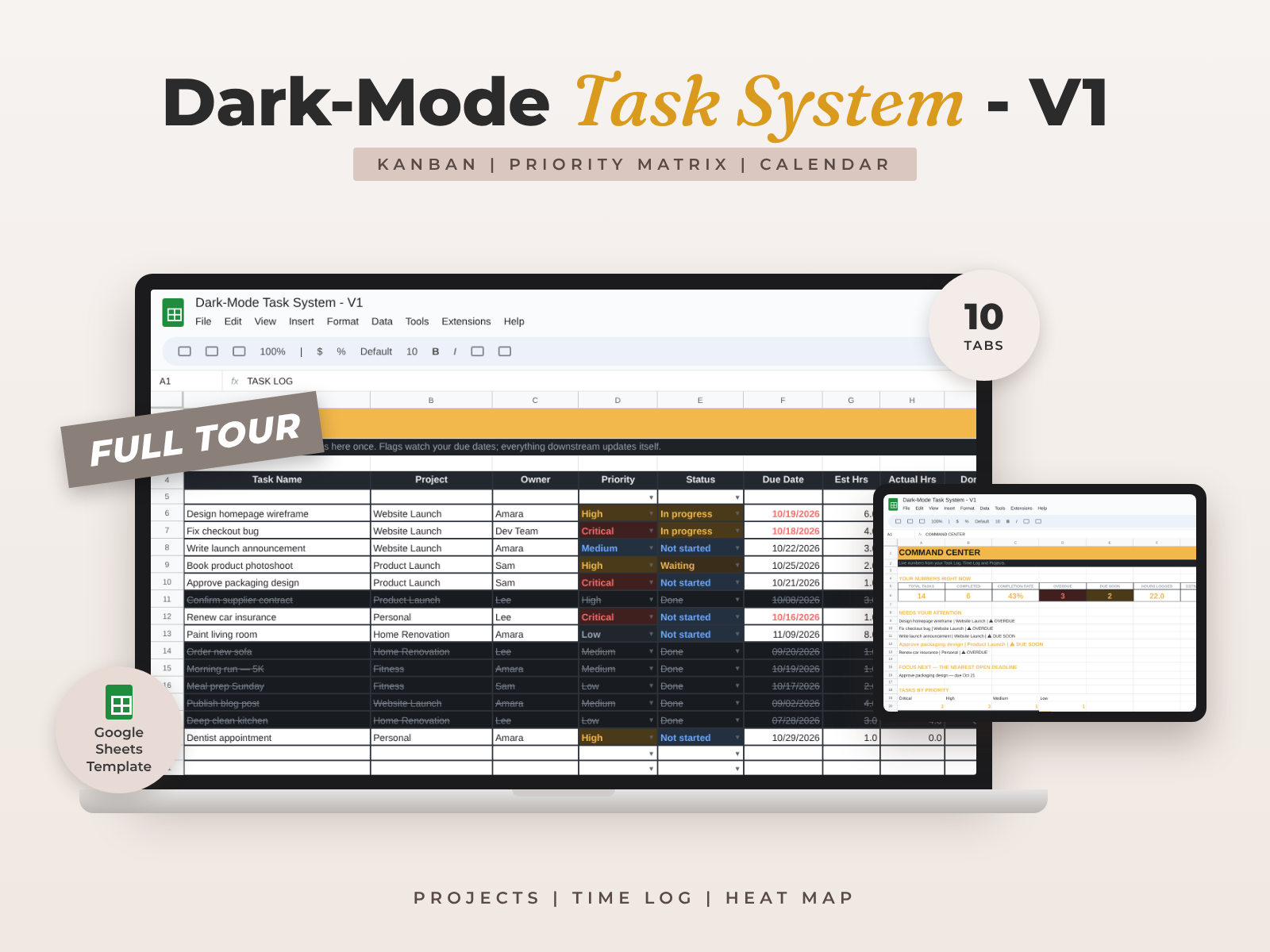 Dark-Mode Task System for Google Sheets — Task Manager, Kanban & Priority Matrix preview