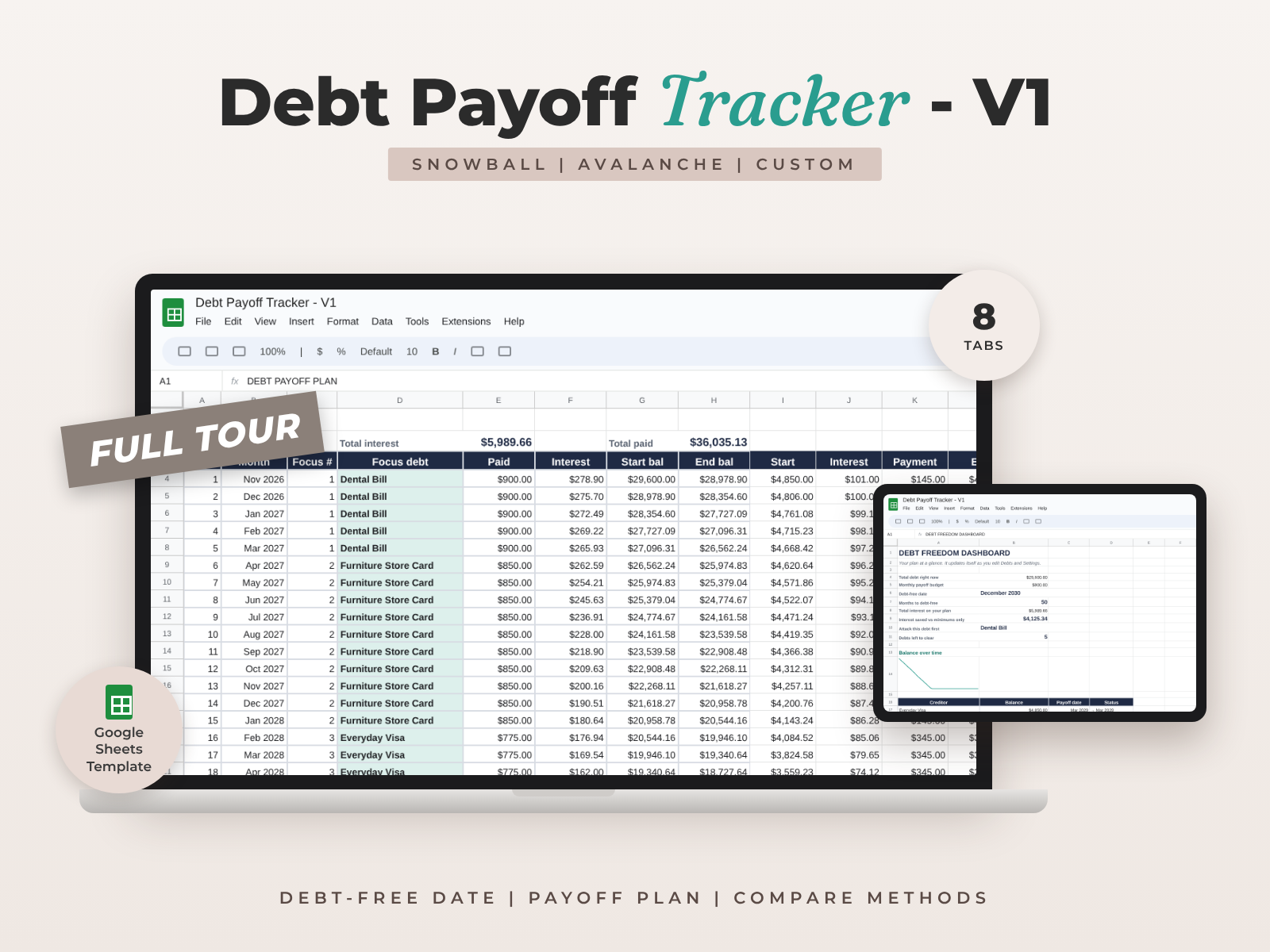 Debt Payoff Tracker for Google Sheets — Snowball Plan, Simulator & Dashboard preview