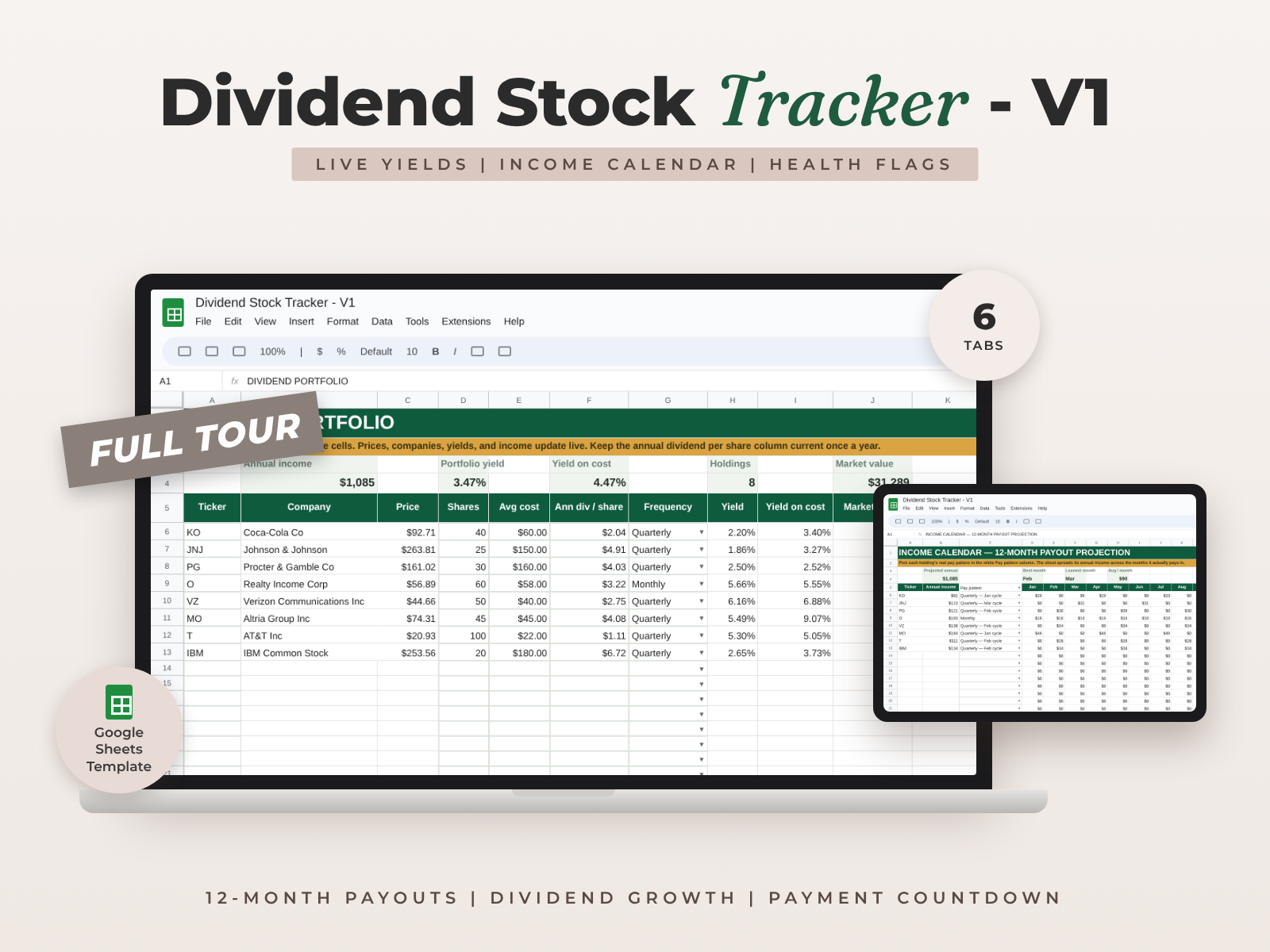 Dividend Stock Tracker for Google Sheets — Live Yield, Income Calendar & Payout Schedule preview