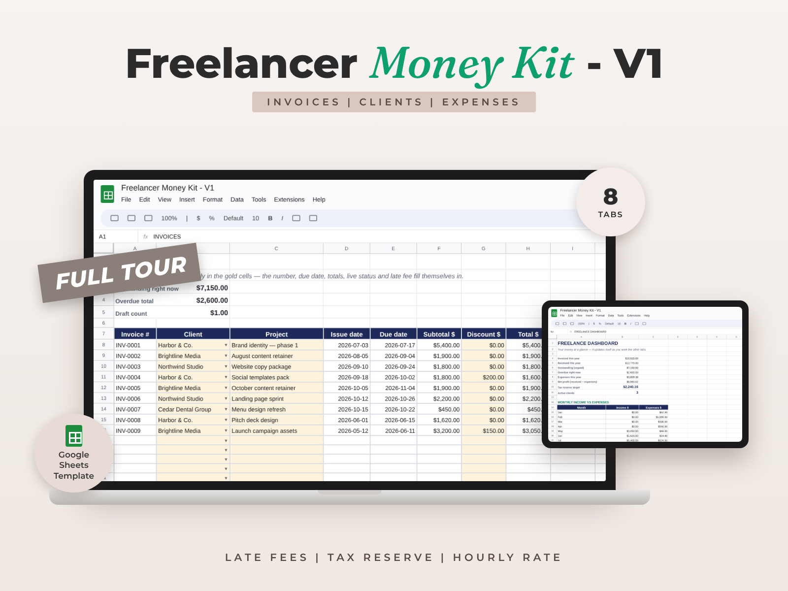Freelancer Money Kit for Google Sheets — Invoices, Clients, Expenses & Tax Reserve preview