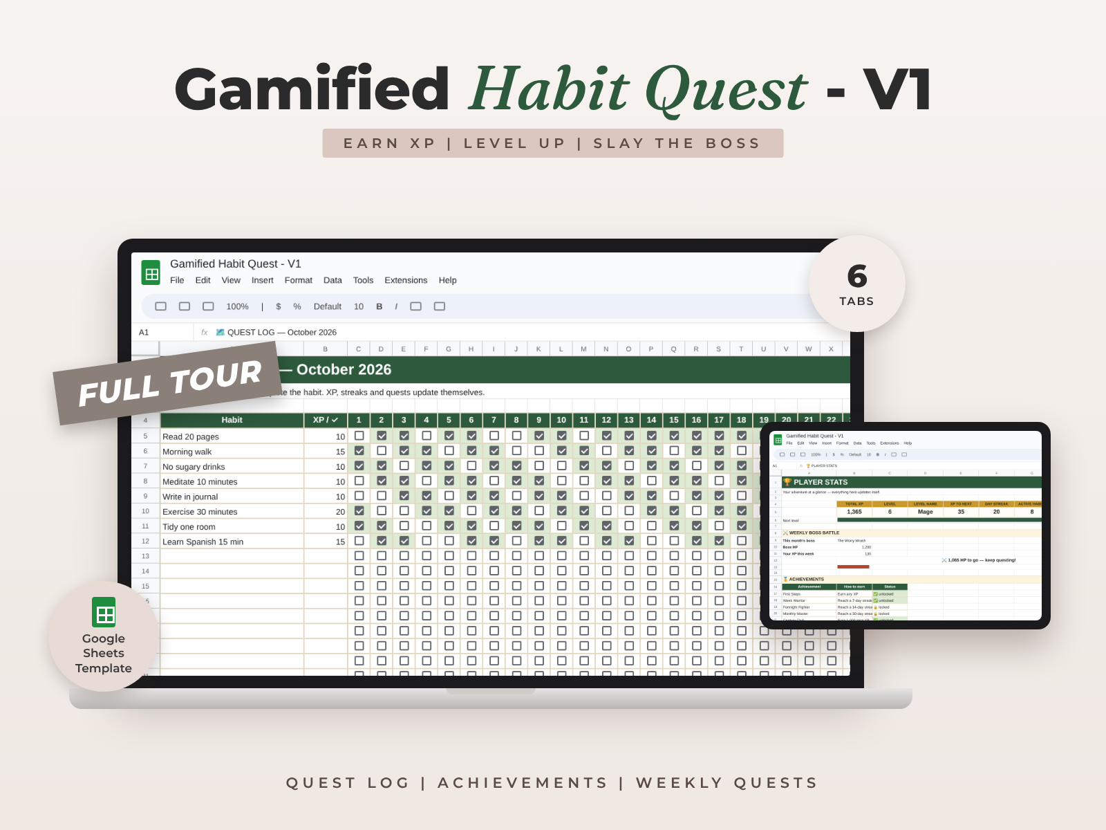 Gamified Habit Quest for Google Sheets — RPG Habit Tracker & Daily Quests preview