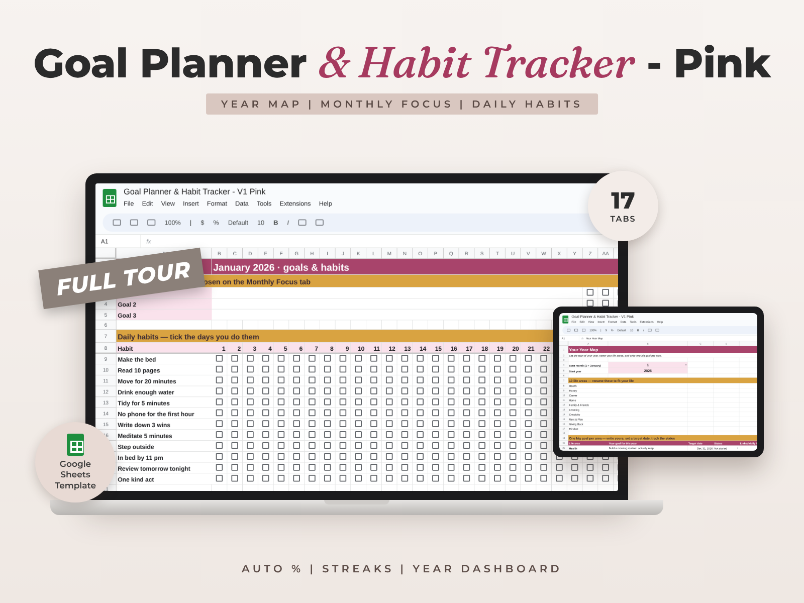 Goal Planner & Habit Tracker Pink for Google Sheets — 2027 Year Companion preview