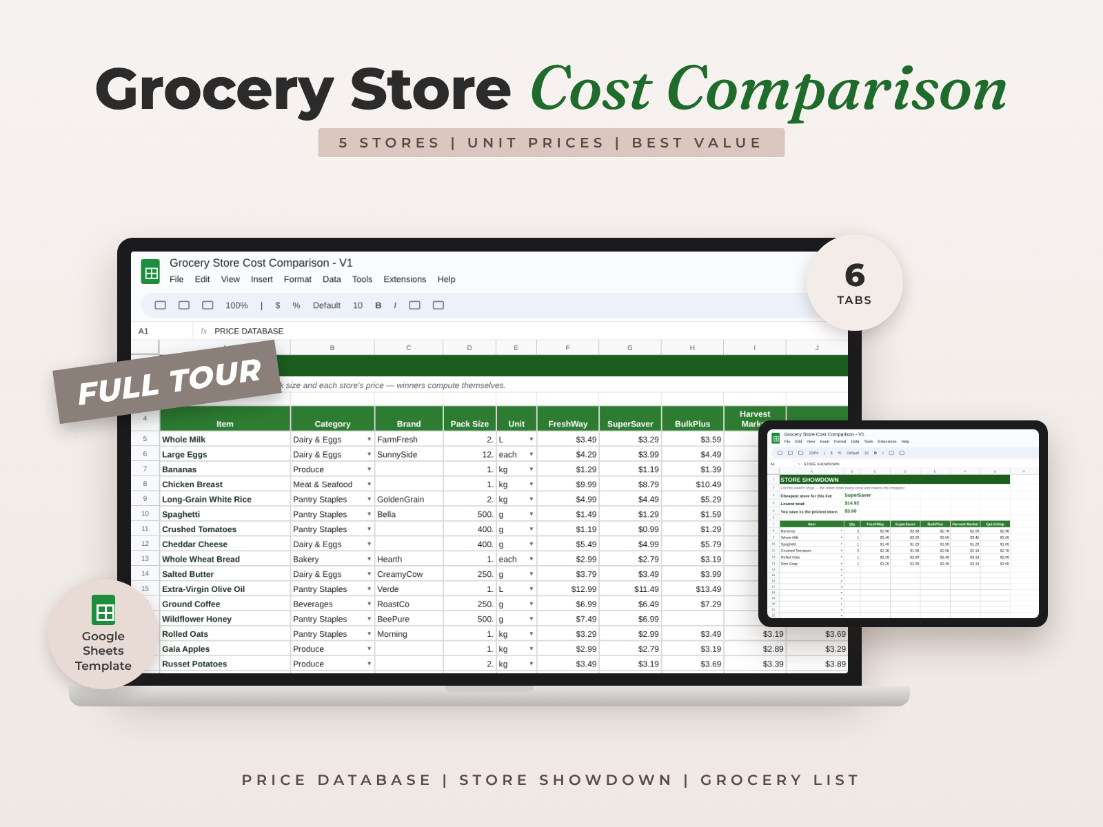 Grocery Store Cost Comparison for Google Sheets — Price Database, Unit Costs & Store Showdown preview