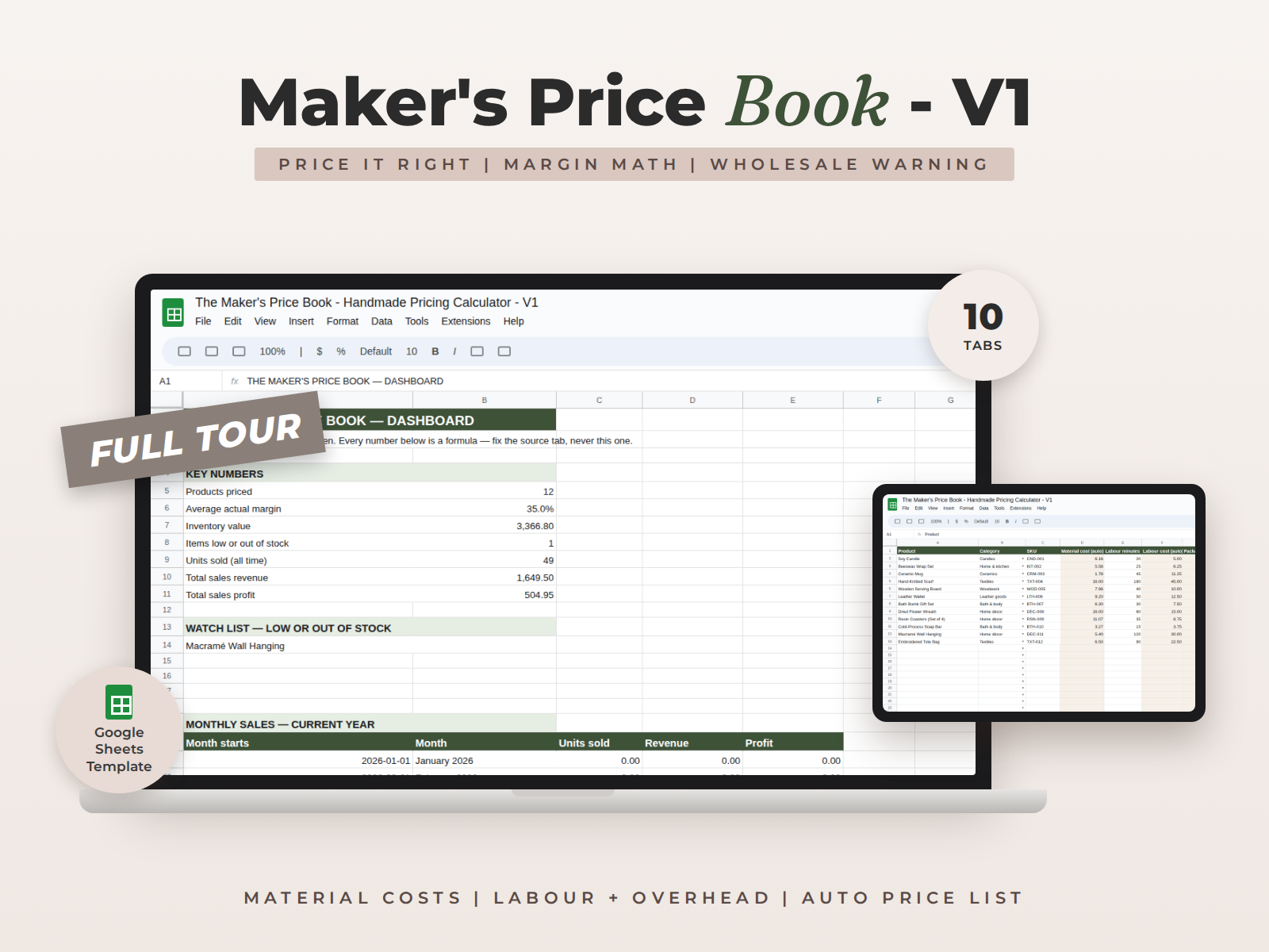 Handmade Pricing Calculator for Google Sheets - Materials, Labour & Profit Pricing preview