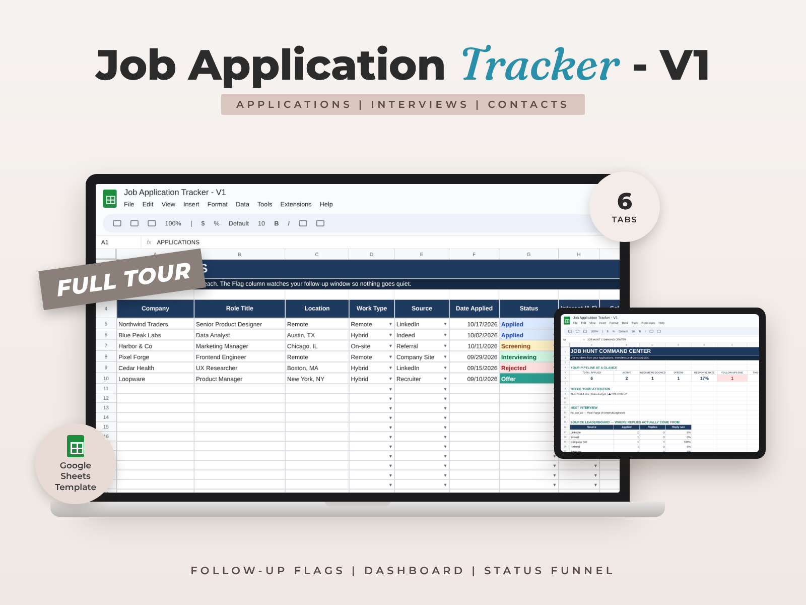 Job Application Tracker for Google Sheets — Applications, Interviews & Contacts preview