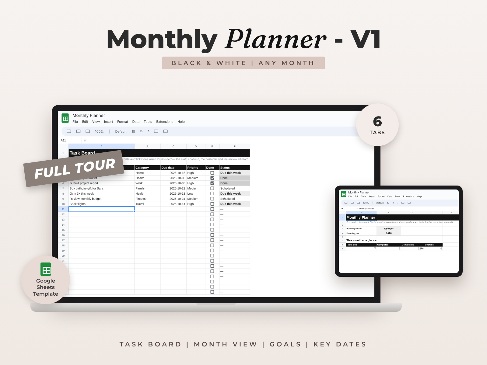 Monthly Planner Black & White — Google Sheets template