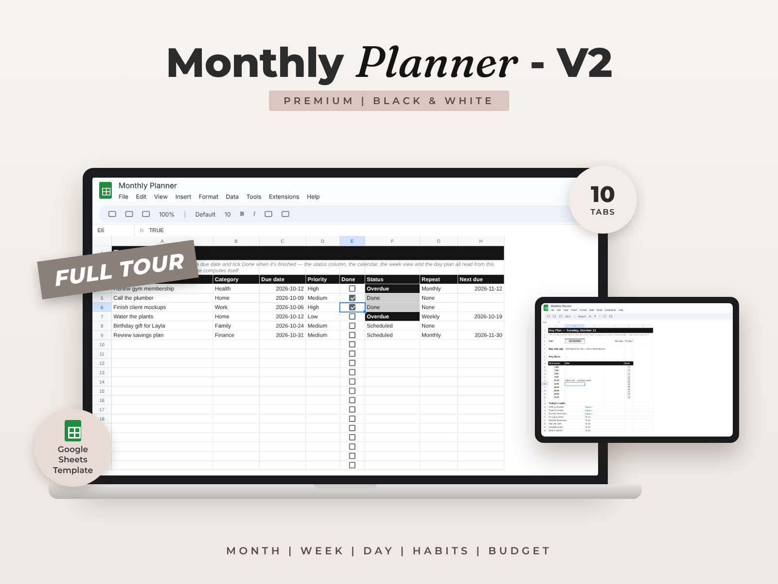 Monthly Planner V2 BW Premium — Google Sheets template