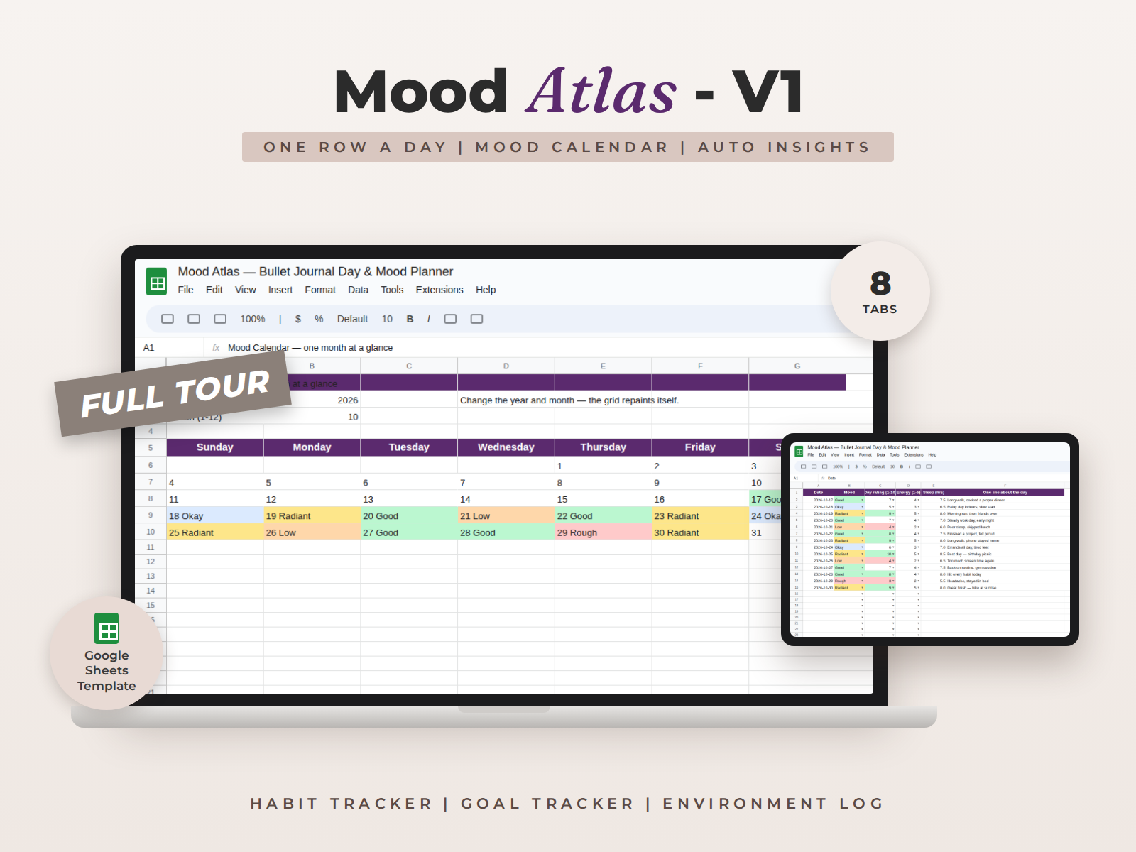 Mood Atlas for Google Sheets — Bullet Journal Day & Mood Planner preview