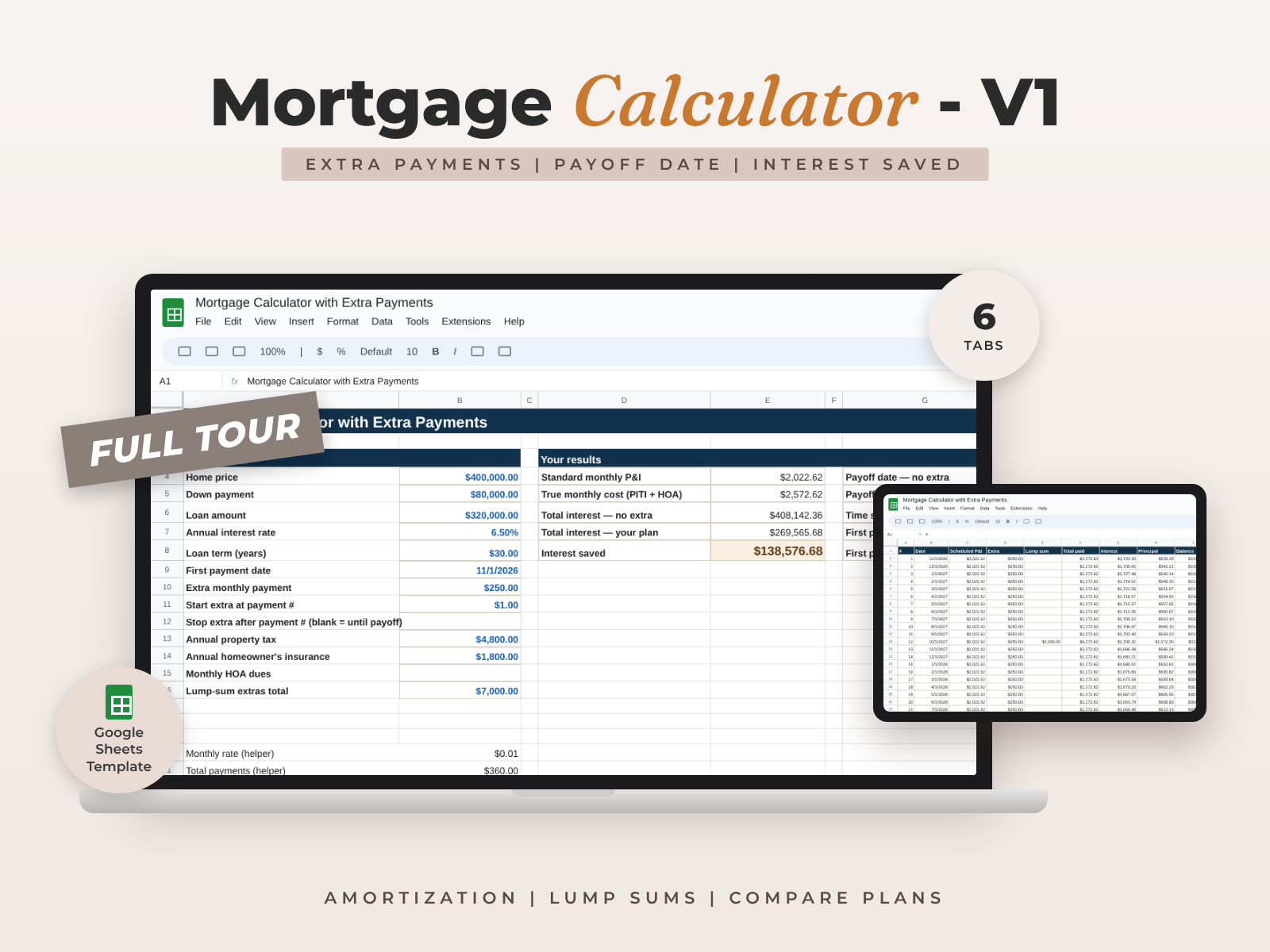 Mortgage Calculator with Extra Payments for Google Sheets — See Your Payoff Date, Then Beat It preview