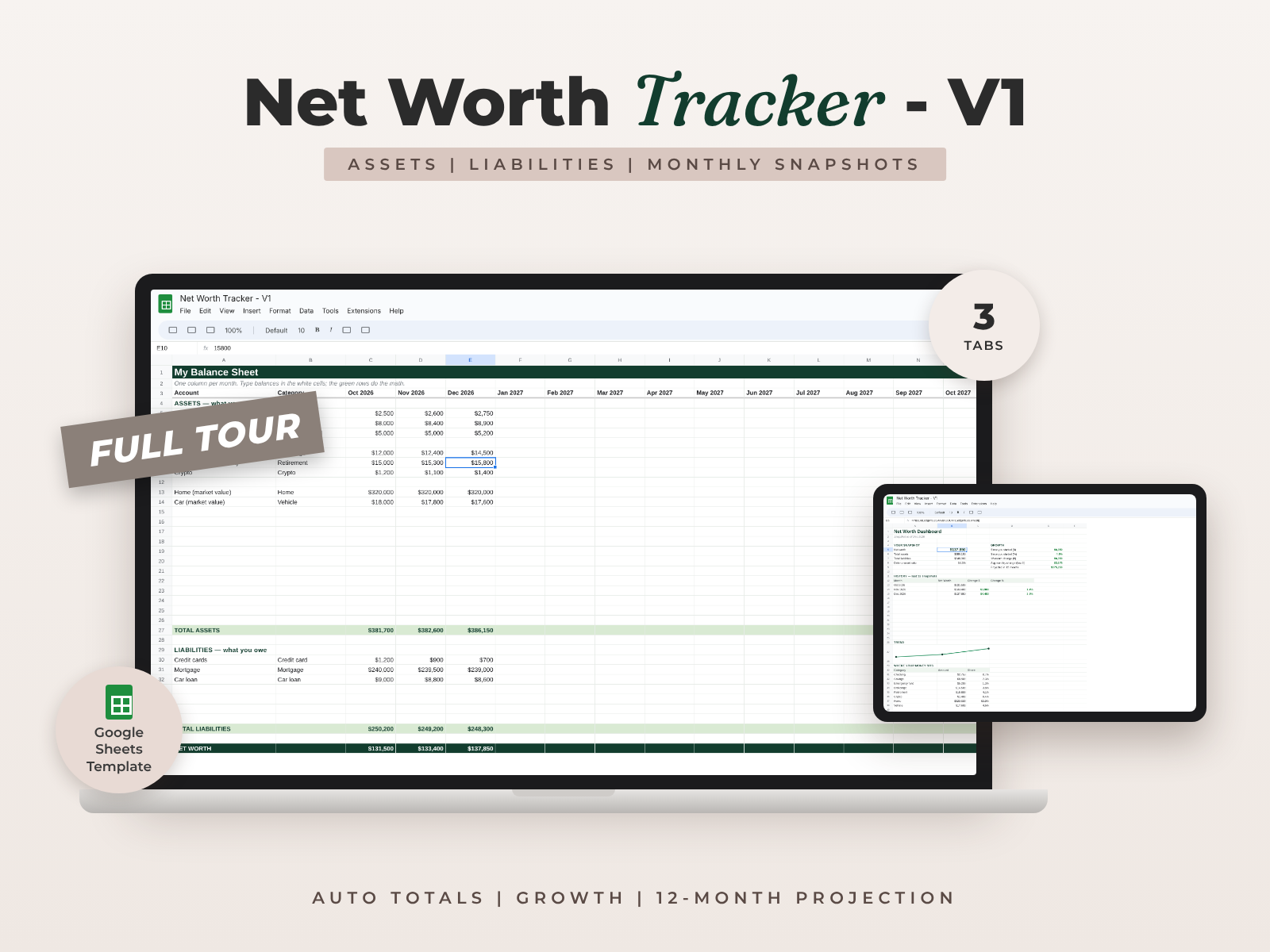 Net Worth Tracker — Google Sheets template