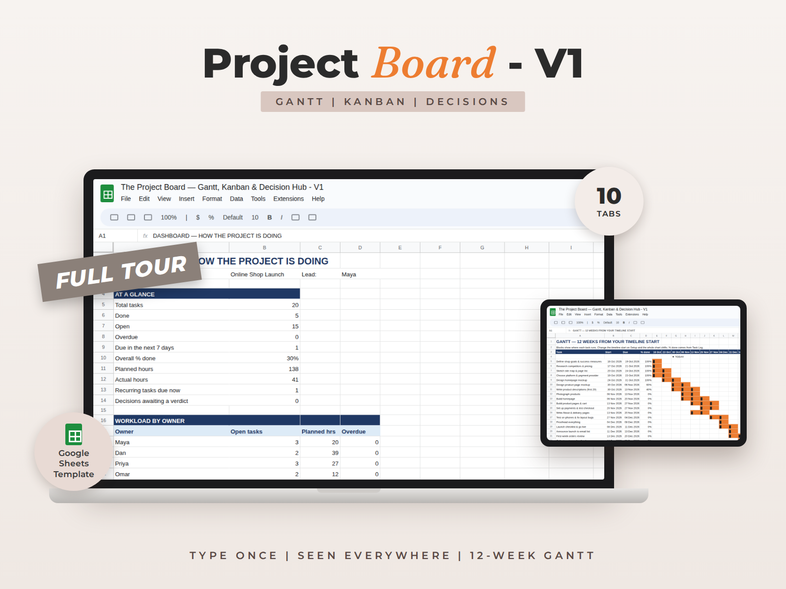 Project Manager for Google Sheets — The Project Board: Gantt, Kanban & Decision Hub preview