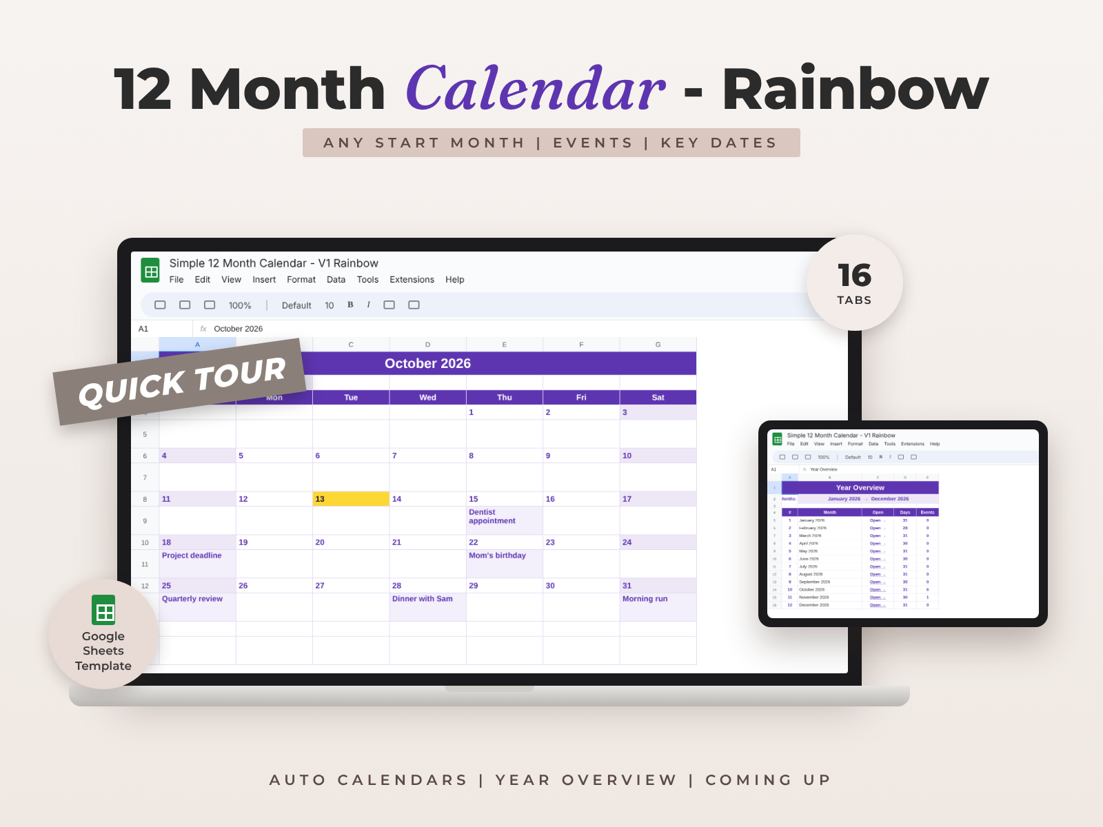 12 Month Calendar Rainbow Edition — Google Sheets template