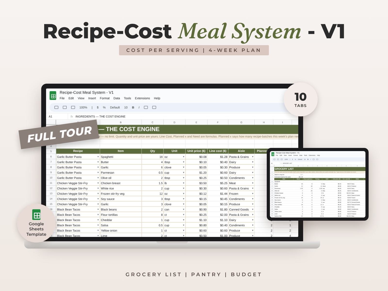 Recipe-Cost Meal System for Google Sheets — Meal Planner, Recipe Costing & Grocery Budgets preview
