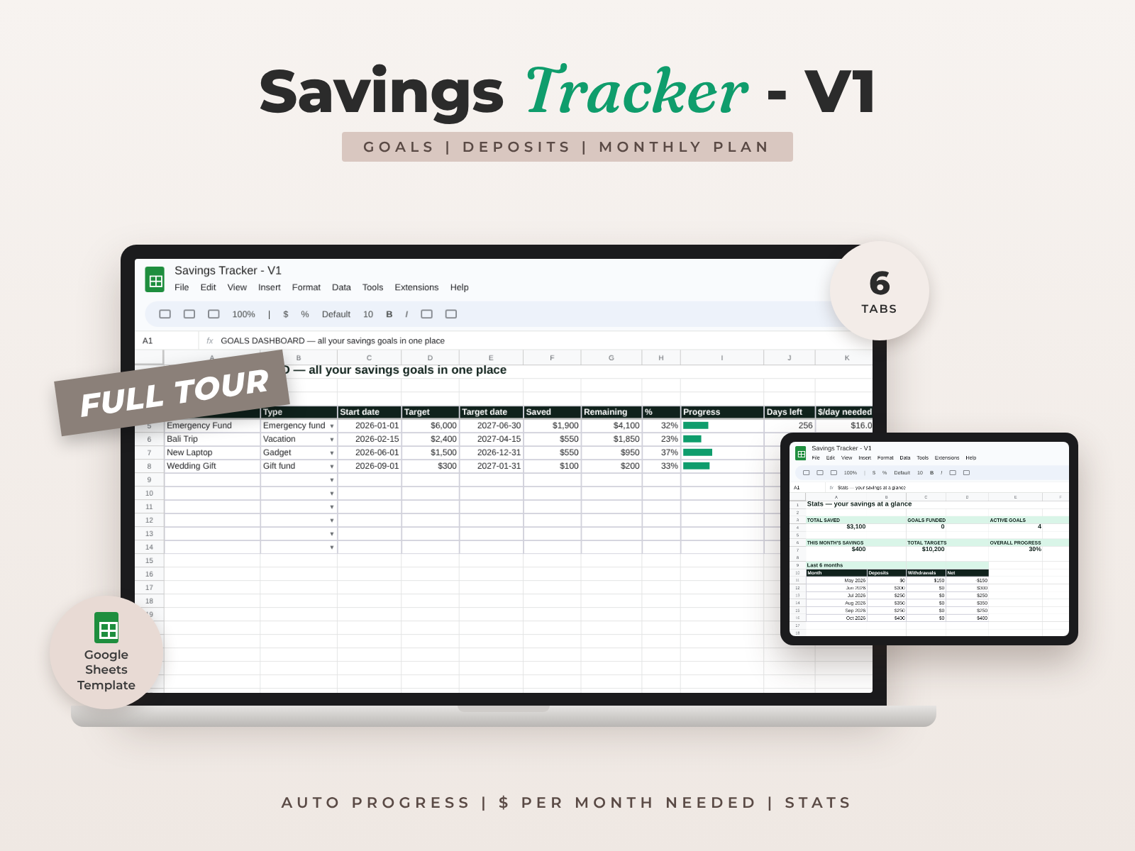 Savings Tracker for Google Sheets — Goals Dashboard, Deposits & Monthly Plan preview