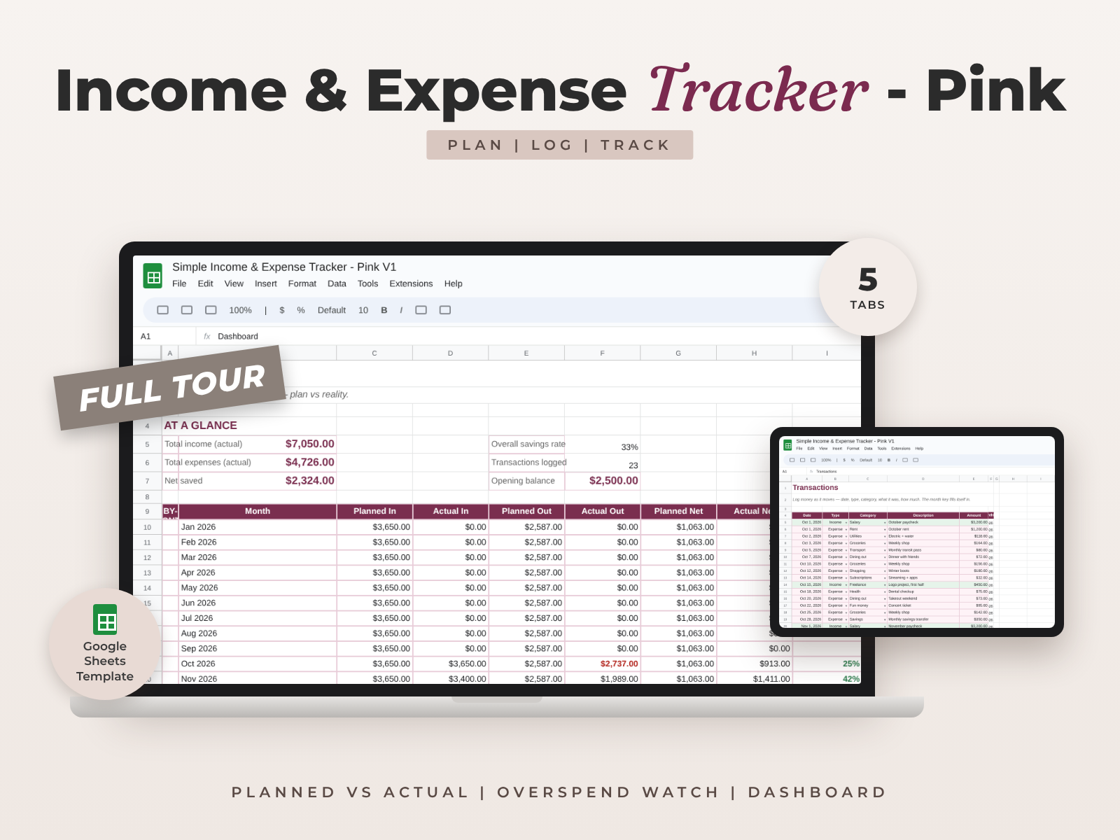 Simple Income & Expense Tracker Pink for Google Sheets — 12-Month Budget & Auto Dashboard preview
