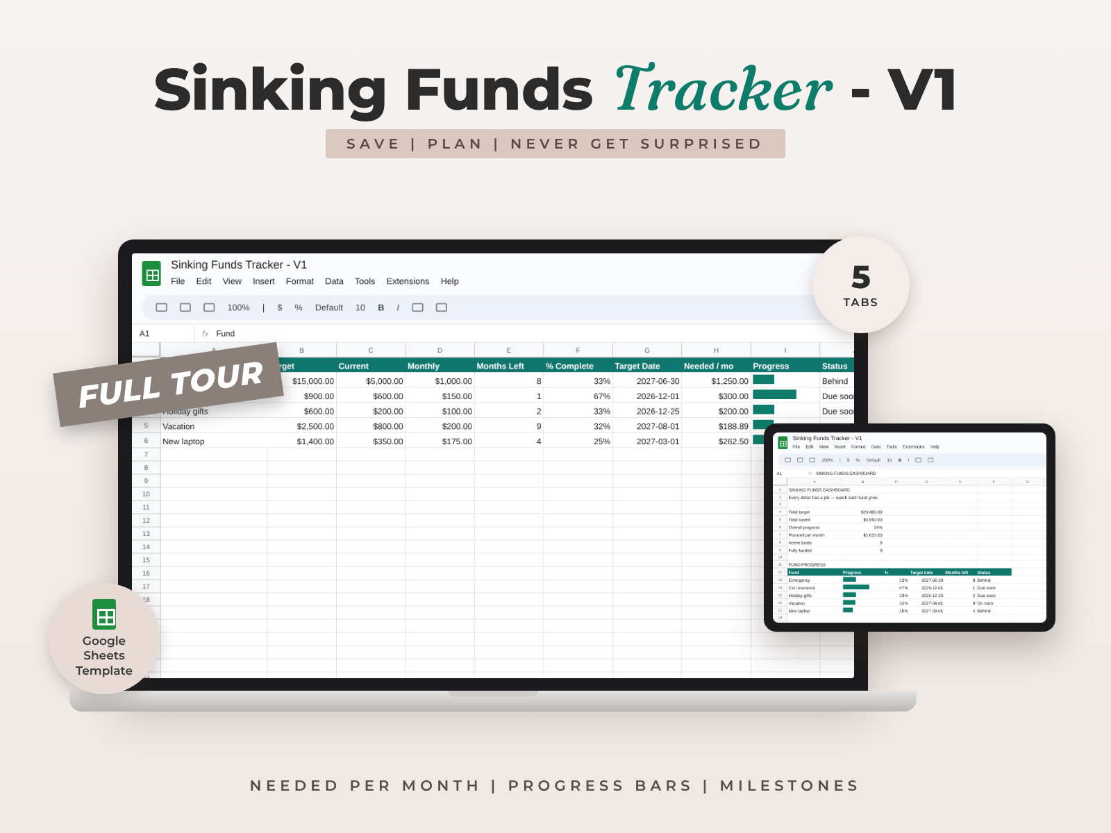 Sinking Funds Tracker for Google Sheets — Save Monthly for Big Bills Without the Stress preview