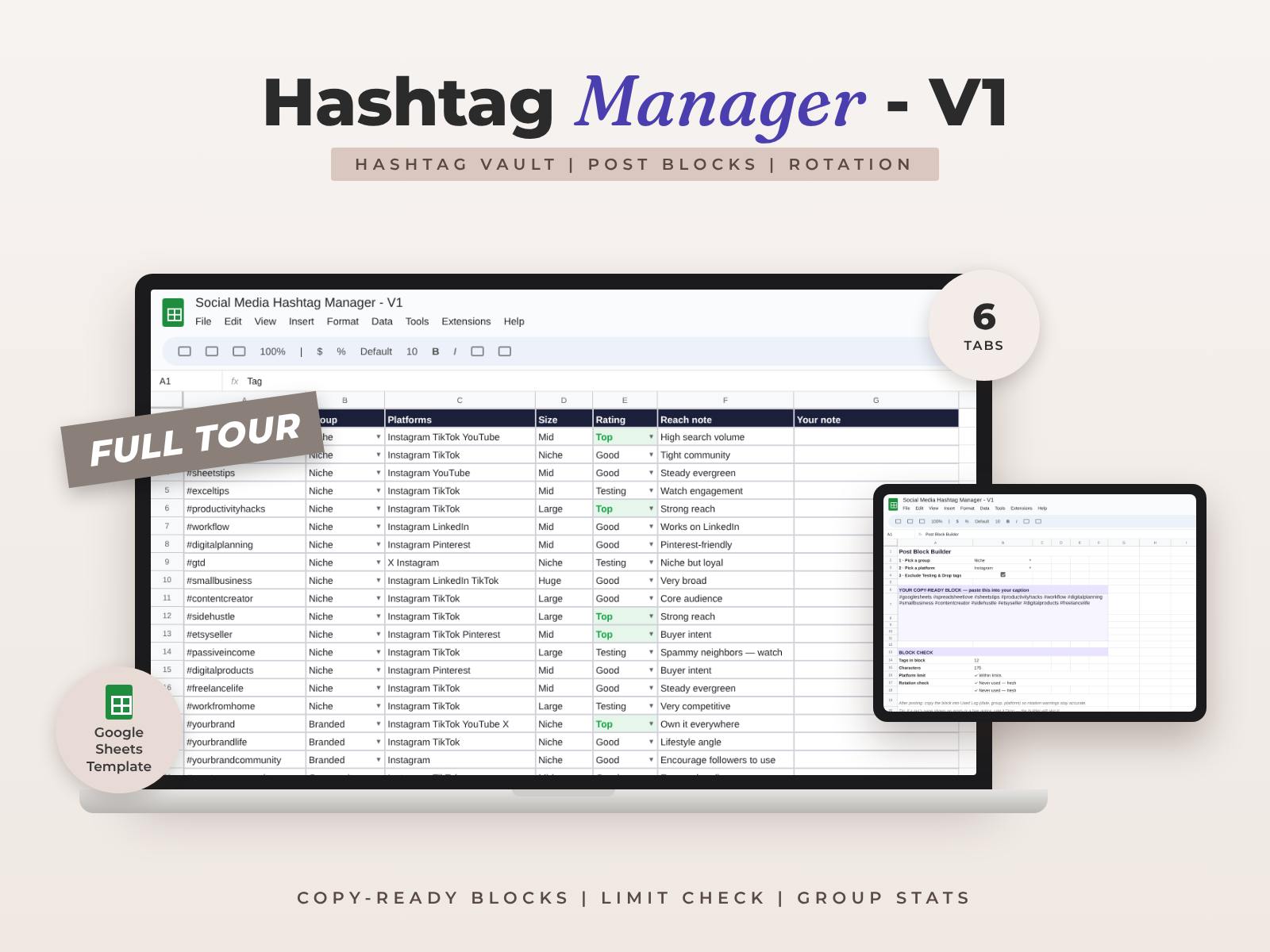 Social Media Hashtag Manager for Google Sheets — Vault, Post Blocks & Rotation Guard preview