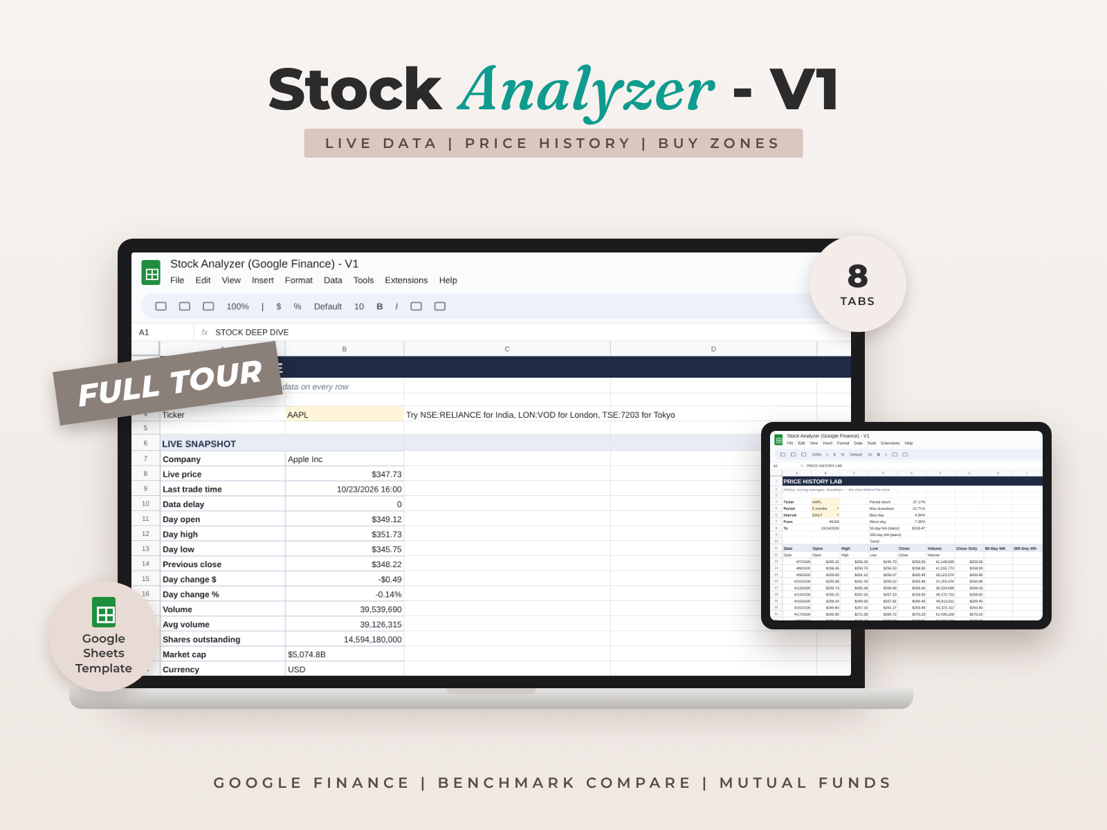 Stock Analyzer (Google Finance) for Google Sheets — Any Ticker, Fully Analyzed preview