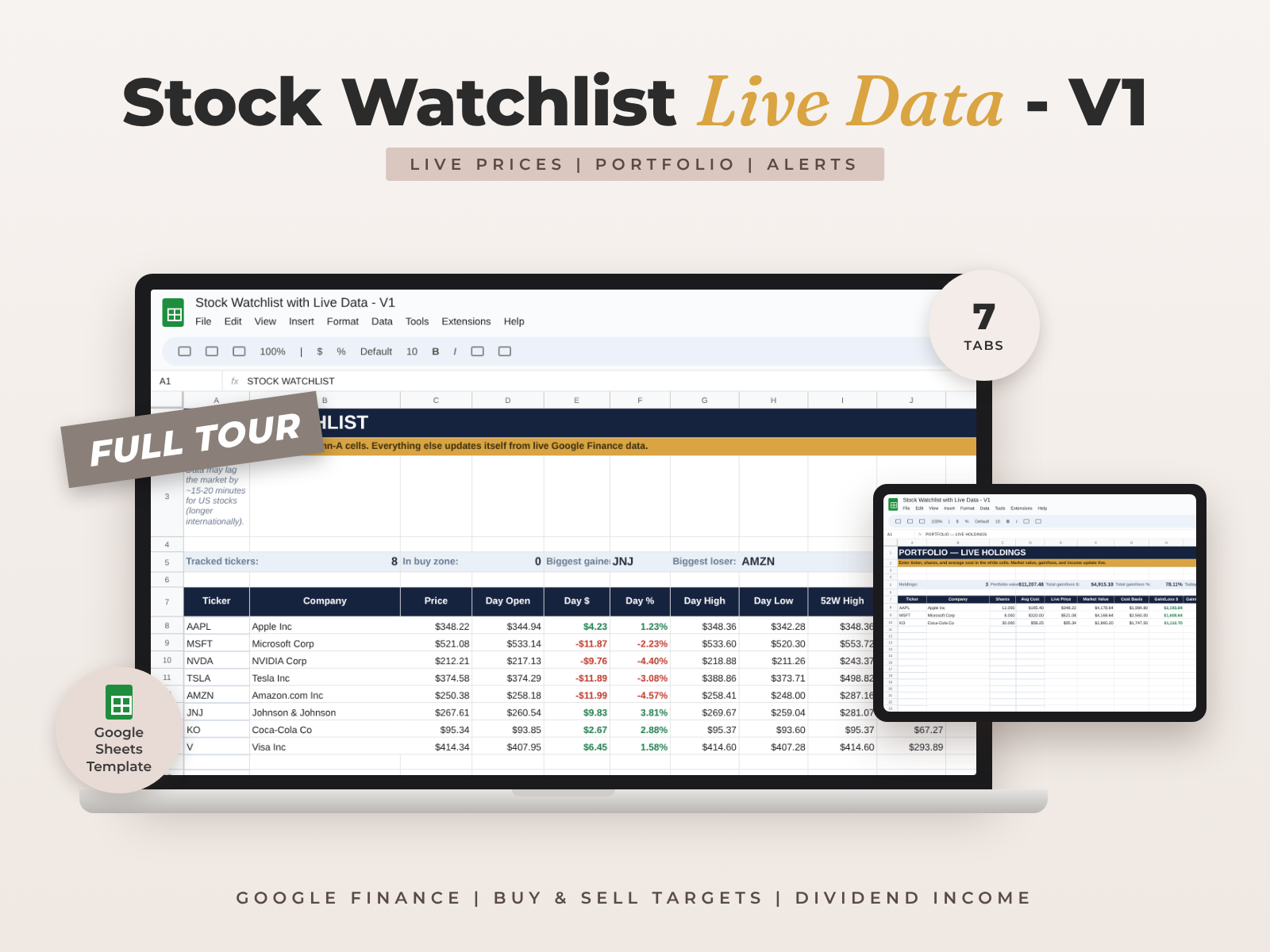 Stock Watchlist with Live Data for Google Sheets — Live Prices & Buy Zone Signals preview