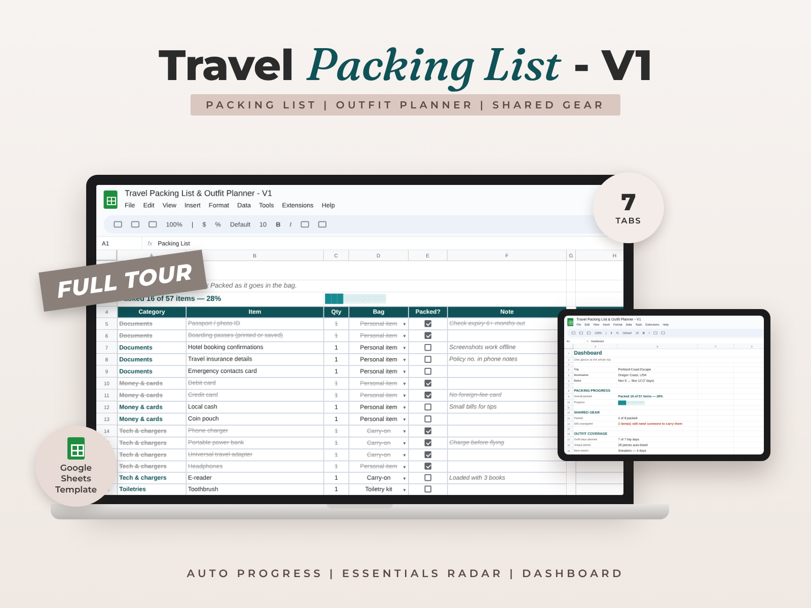 Travel Packing List & Outfit Planner for Google Sheets — Solo & Family Packing with Day-by-Day Outfits preview