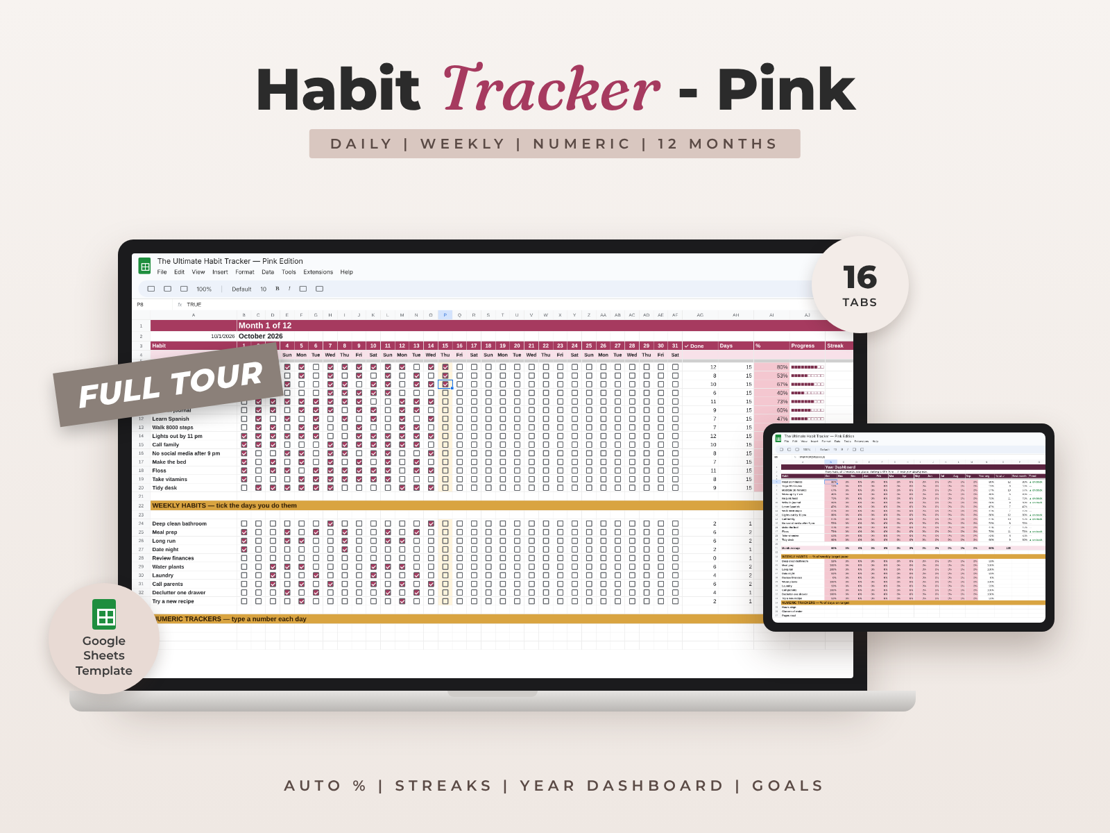 Ultimate Habit Tracker Pink — Google Sheets template