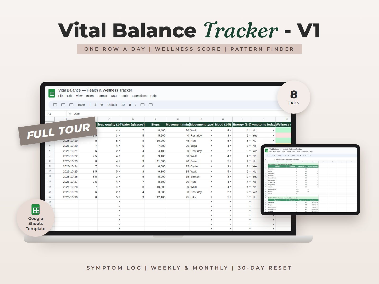 Vital Balance for Google Sheets — Health & Wellness Tracker with Symptom Log & Pattern Finder preview