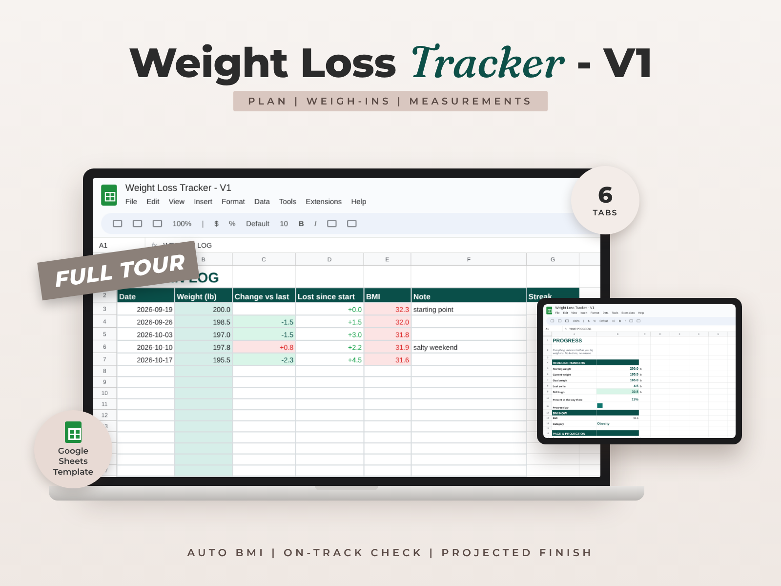 Weight Loss Tracker for Google Sheets — Weigh-Ins, Measurements & Progress Charts preview